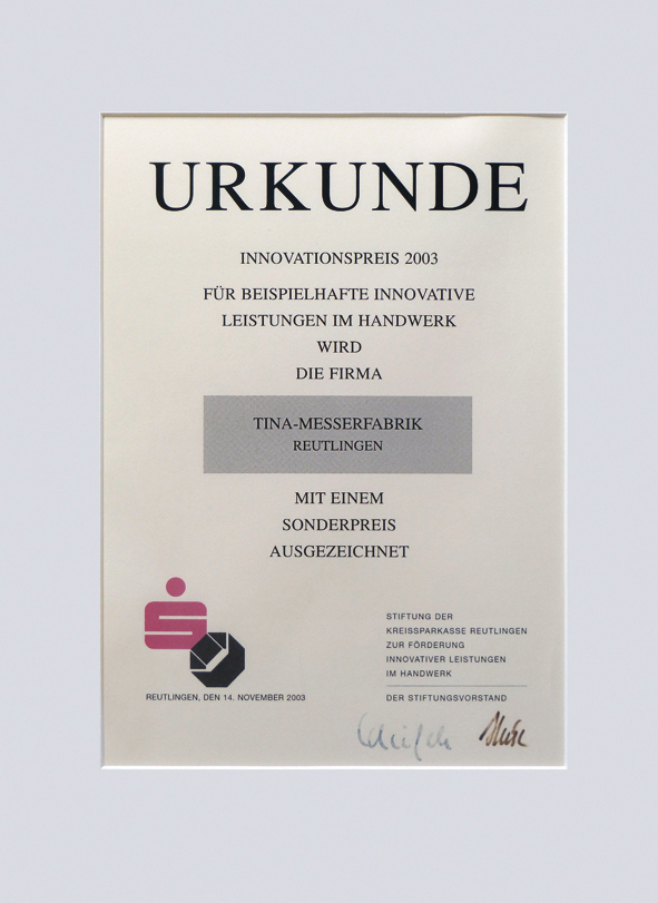 Urkunde Innovationspreis 2003